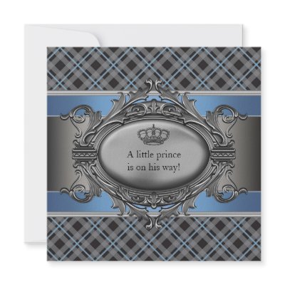 Blue Plaid Crown Little Prince Boy Baby Shower Custom Invitation by BabyCentral