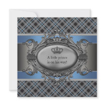 Blue Plaid Crown Little Prince Boy Baby Shower Custom Invitation