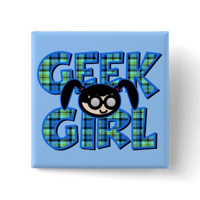Blue Plaid Geek Girl with Graphic Buttons by geekme