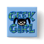Blue Plaid Geek Girl with Graphic Buttons