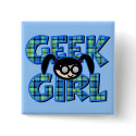 Blue Plaid Geek Girl with Graphic buttons