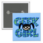 Blue Plaid Geek Girl with Graphic Buttons