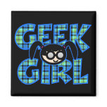 Blue Plaid Geek Girl with Graphic Fridge Magnets