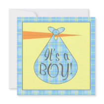 Blue Plaid Stork Baby Shower Invitation