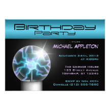 Blue Plasma Ball Birthday Party Invitations