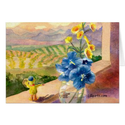 Blue Poppies, Buttercups, Big Bird Greeting Card by lillyarts