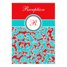 Blue Red White Monogram Damask Enclosure Card Business Card