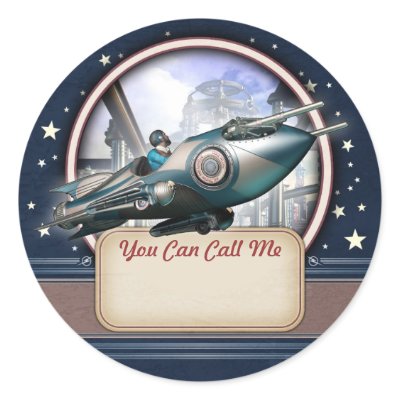 Blue Retro Rocket Name Tag Stickers by Retropolis_Travel