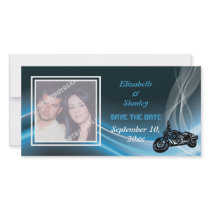 Blue road biker wedding Save the Date photo card