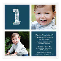 Blue Room for Squares First Birthday Party Photo Personalised Announcements