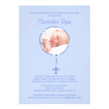 BLUE Rosary Cross Photo Baptism Inviation BOY Personalized Announcements