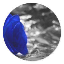 Blue Rose On Left Side Silver Background Round Sticker