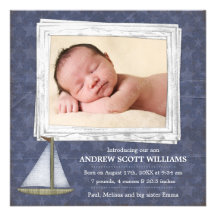 Blue Sailboat Stars Boy Photo Birth Announcement