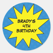 Blue Save the Day Superhero Custom Birthday Round Sticker