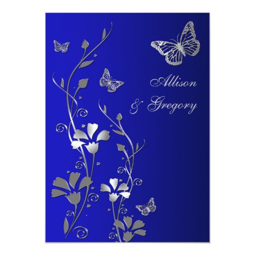 Blue, Silver Floral Butterflies Wedding Invitation Zazzle