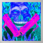 Blue Skull with Pink Guns Poster