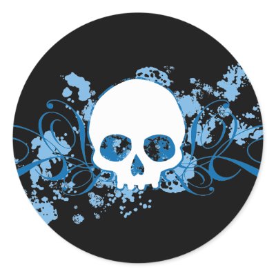 Blue Skull with Spatters and Swirls Round Stickers by maliceblue