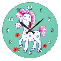 Blue Spotted Horse with Happy Smile (Green) Round Wallclock