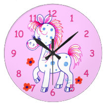 Blue Spotted Horse with Happy Smile (Pink) Wall Clocks