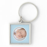 Blue square photo frame with white dots keychain