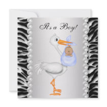 Blue Stork Zebra Baby Boy Shower Custom Invitation