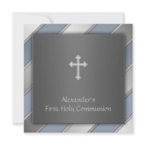 Blue Stripe Boys First Communion Personalized Invites