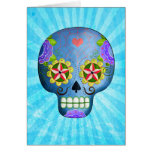 Blue Sugar Skull with Mustaches Greeting Card