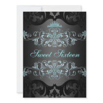 Blue Sweet16 Elegant Tiara Damask Birthday Invite