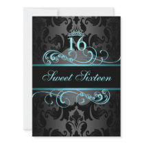 Blue Swirl Damask Sweet16 Birthday Invite