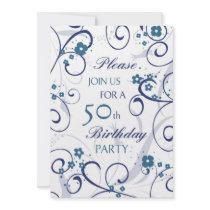 Blue Swirls 50th Birthday Party Invitation Card