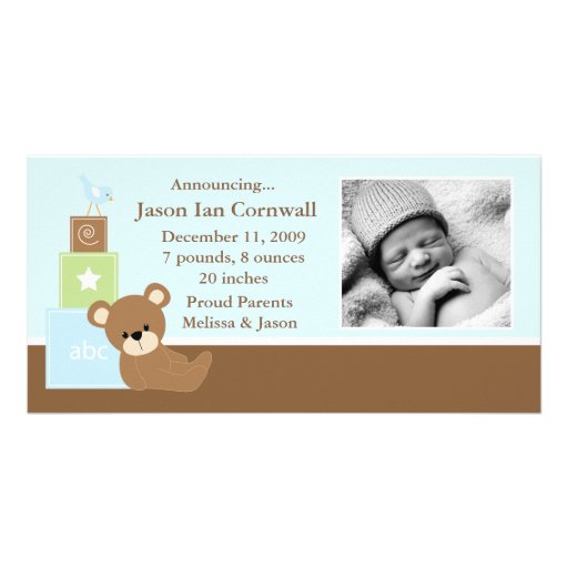 Blue Teddy Bear Photo Birth Announcement Custom Photo Card