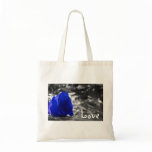 Blue tinted rose on silver back with Love text Canvas Bags