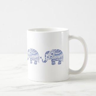 Blue Tones Glitter Floral Elephant Design Basic White Mug