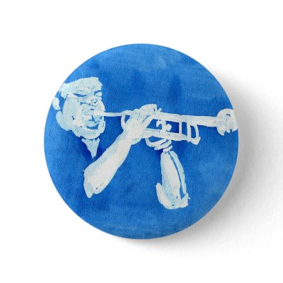 Blue watercolour painting of trumpet player pinback button by SusansZooCrew