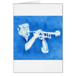 Blue watercolour painting of trumpet player card