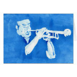 Blue watercolour painting of trumpet player card
