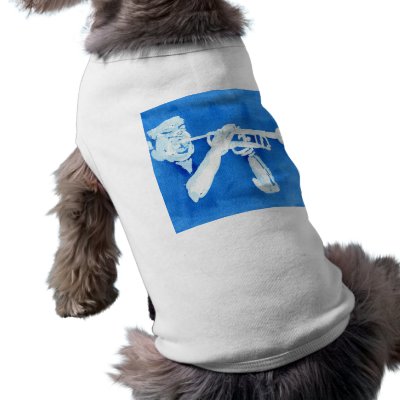 Blue watercolour painting of trumpet player doggie tee shirt by SusansZooCrew