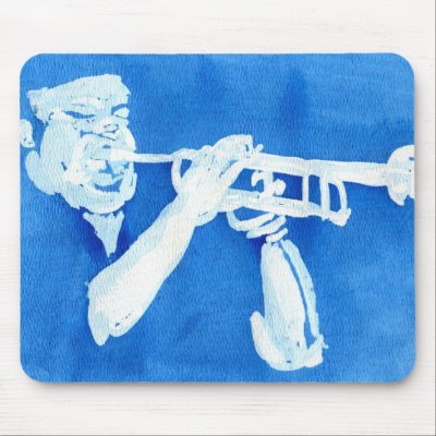 Blue watercolour painting of trumpet player mouse pads by SusansZooCrew