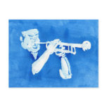 Blue watercolour painting of trumpet player post card
