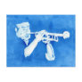 Blue watercolour painting of trumpet player postcards