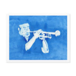 Blue watercolour painting of trumpet player postcard