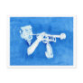 Blue watercolour painting of trumpet player postcard