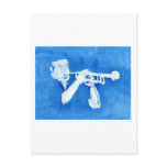 Blue watercolour painting of trumpet player post card