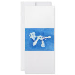 Blue watercolour painting of trumpet player rack card
