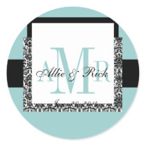 Blue Wedding Monogram Names Damask Stickers