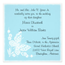 Blue & White Butterfly Square Wedding Invitation