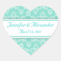 Blue White Damask Heart Wedding Invitations Seals Sticker