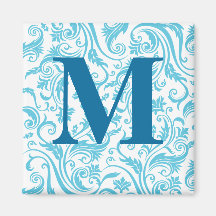 Blue White Damask Monogram Refrigerator Magnets