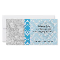 blue white diamond damask pattern personalized photo card