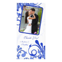 Blue & White Floral Wedding Thank You Photo Card